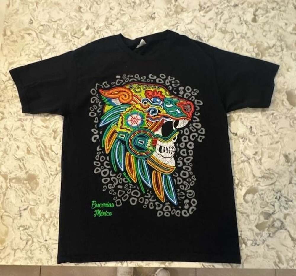 Yazbek Bucerias MX Huichol Beaded Jaguar Aztec Art Black Graphic T-Shirt Medium